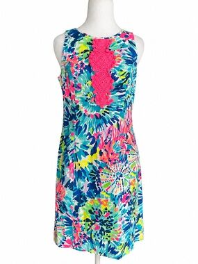 NWT Lilly Pulitzer Adara Shift Dress Multi Dive In Pink Crochet Pom Pom Sz 2